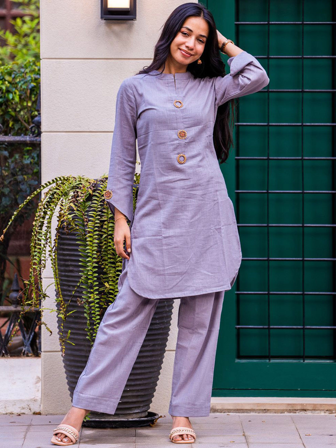 COTTONS DAILY Mandarin Collar Pure Cotton Tunic & Trousers