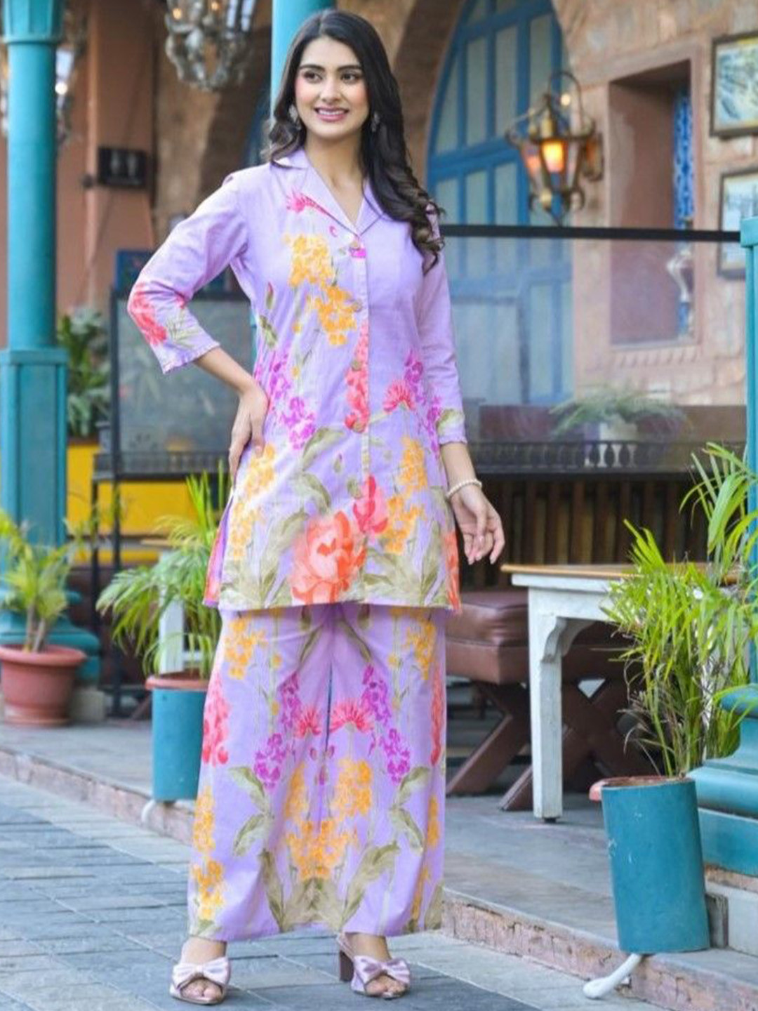 AUTUMN LANE Bhakti Lilac Printed Pure Cotton Tunic With Trousers Co-Ords