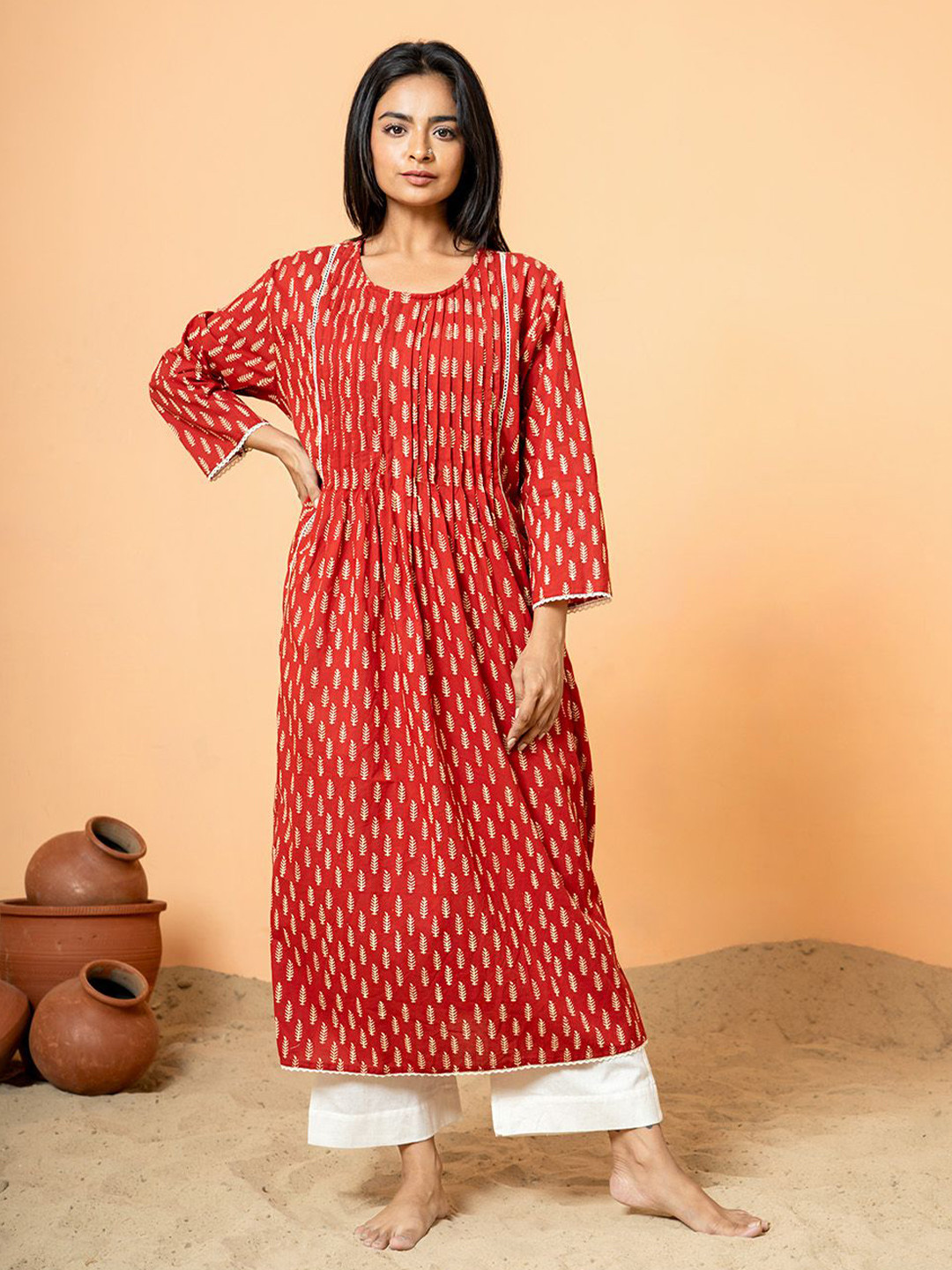 COTTONS DAILY Round Neck Pure Cotton A-Line Kurta