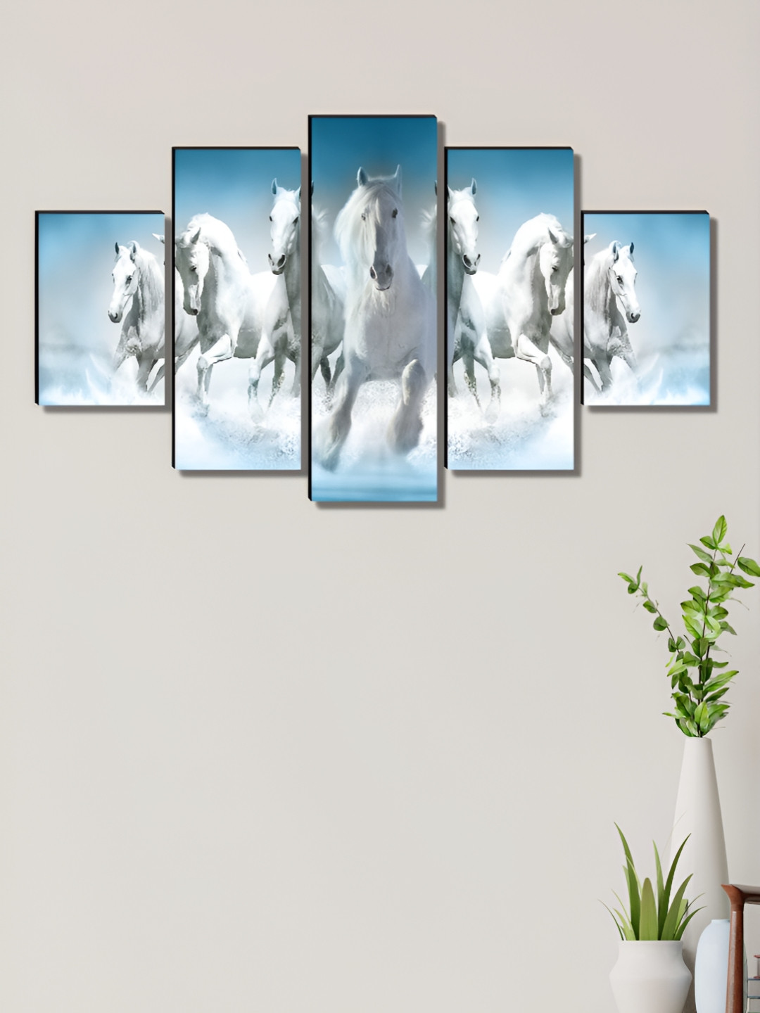 Livin'luxe Blue & White 5 Pieces Wooden Seven Running Horses Wall Arts