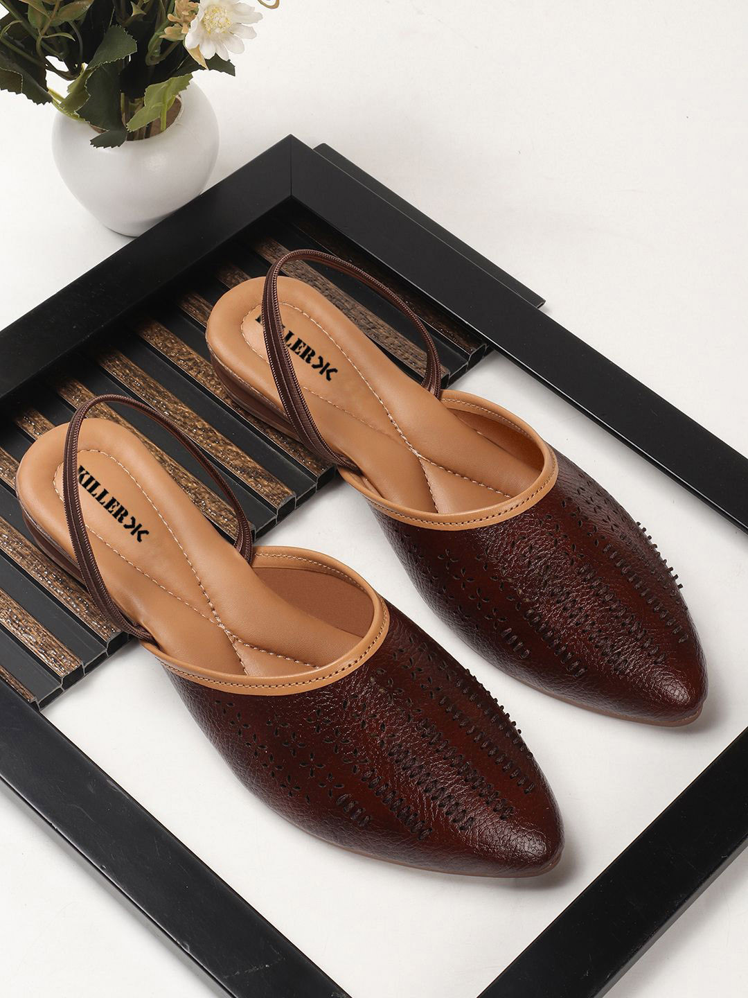Killer Women Brown Solid Synthetic Slingback Flats With Western Embellished