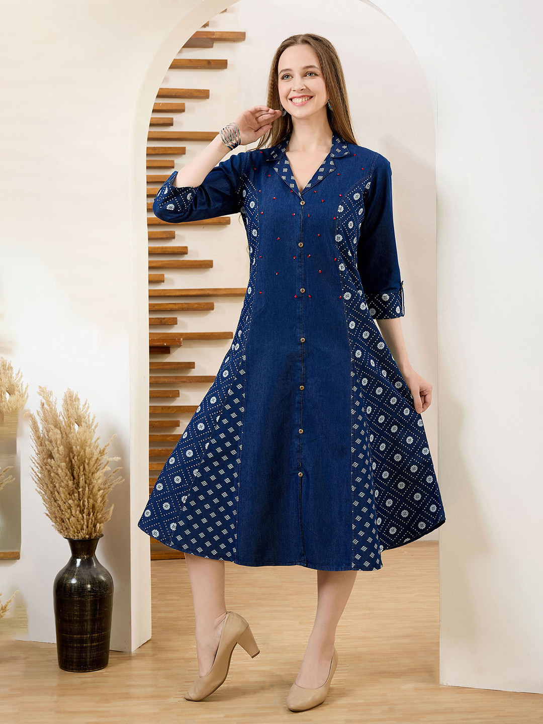 keshubaba Floral Printed Denim Ethnic Dress