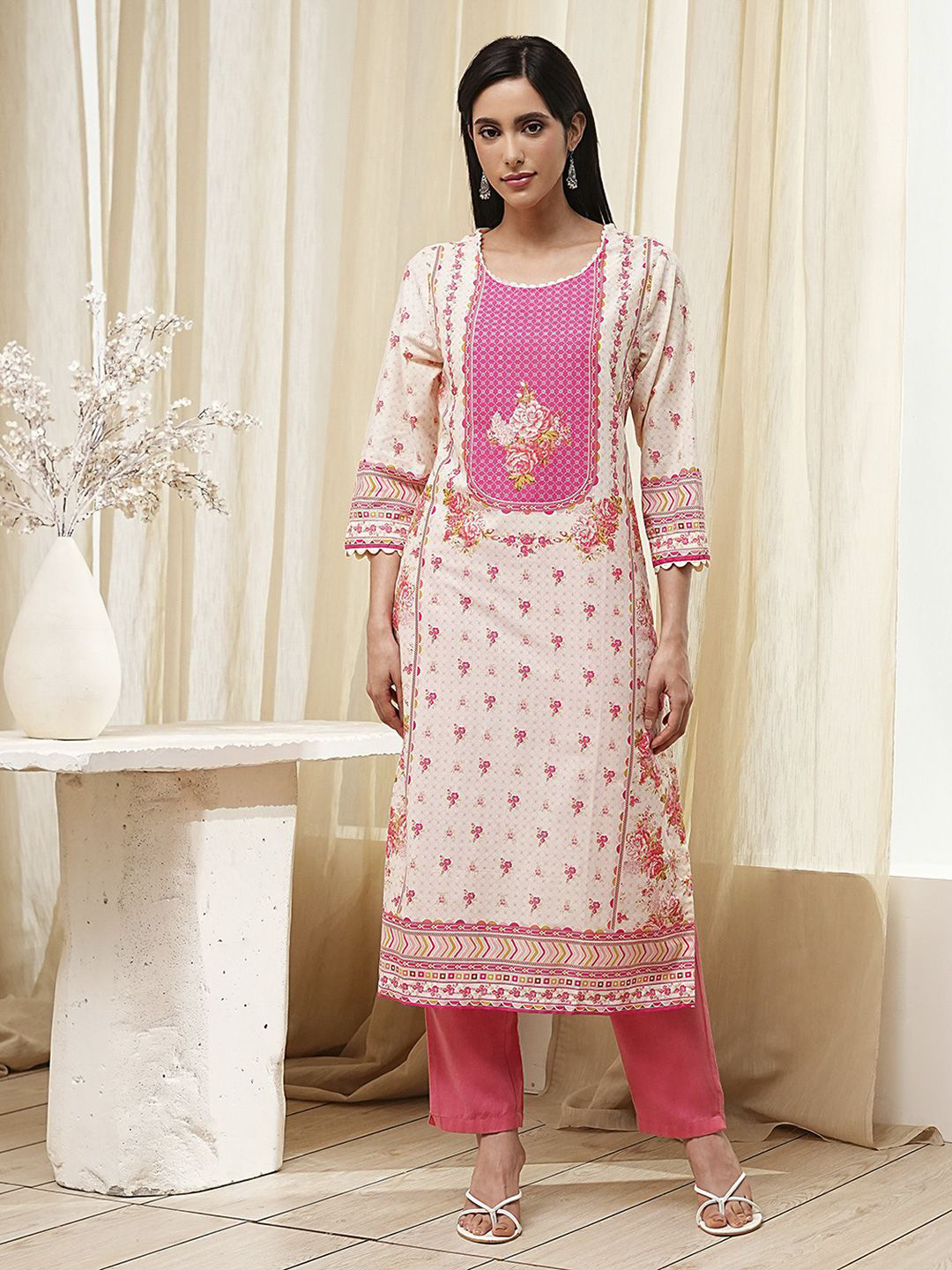 Biba Floral Printed Round Neck Pure Cotton Straight Kurta