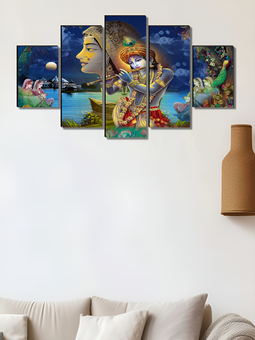 Livin'luxe Blue & Gold-Toned 5 Piece Lord Krishna Religious Wood Wall Paintings
