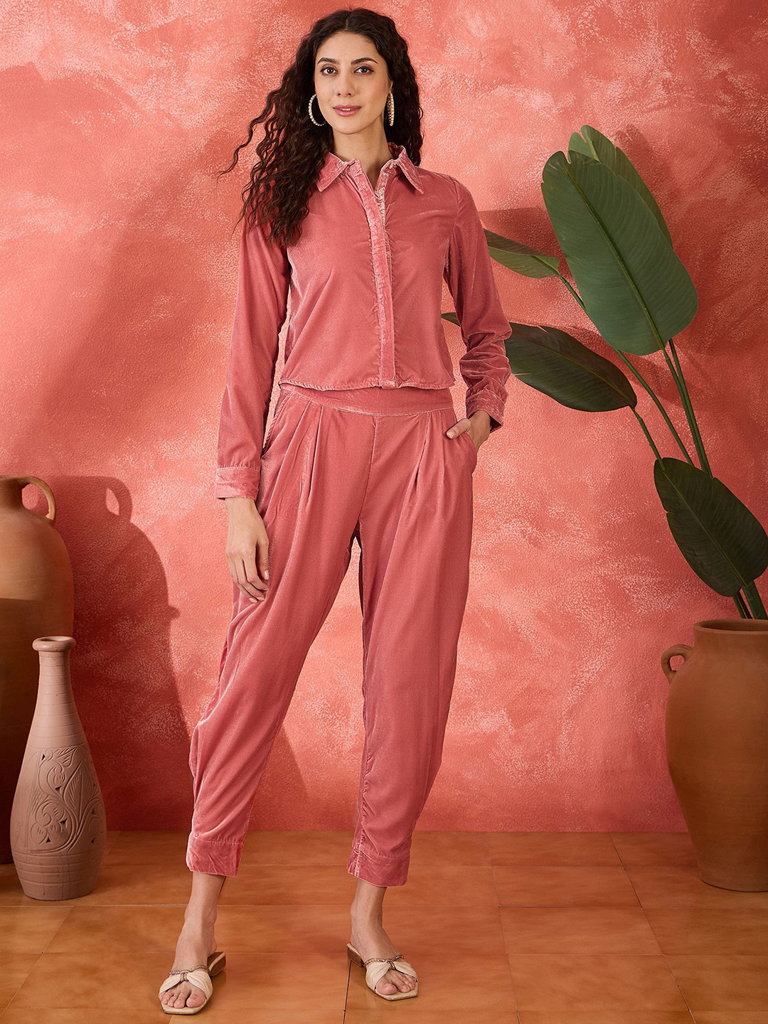 Sangria Shirt Collar Long Sleeves Velvet Shirt And Trousers