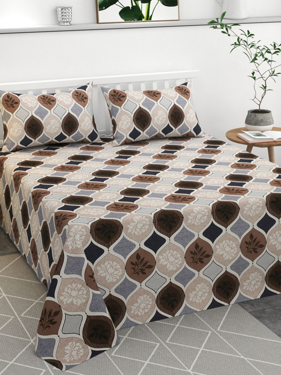 bsb home Premium Grey Floral Cotton Breathable 144 TC Queen Bedsheet with 2 Pillow Covers-113 x 90 inches