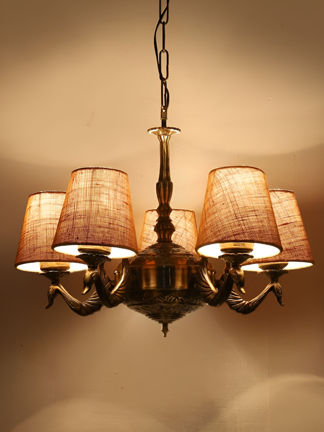 Devansh Beige & Gold-Toned Conical Shaped Ceiling Lamp