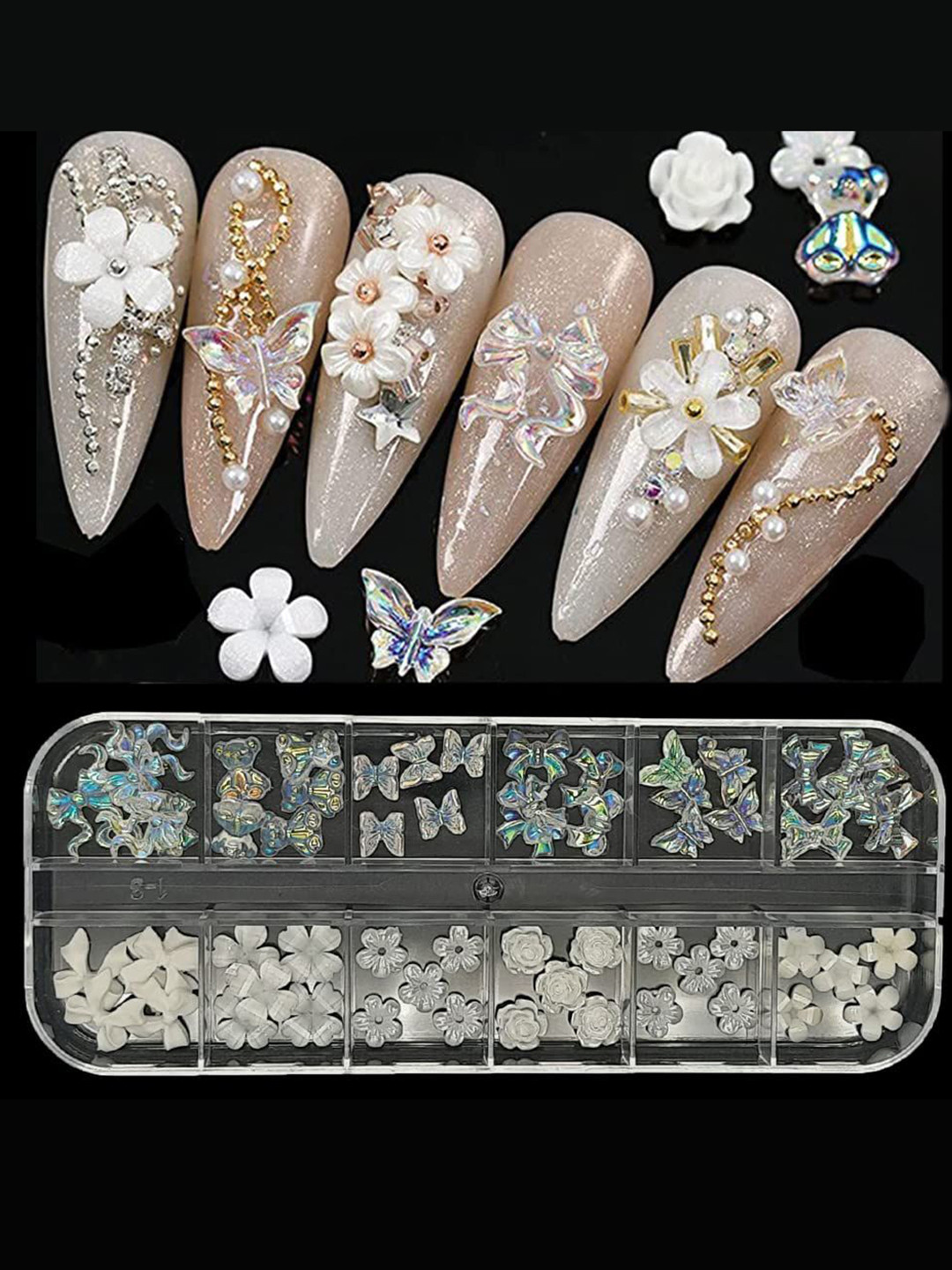 Scheibe Set Of 12 Grid Bow & Flower Nail Art Accessories