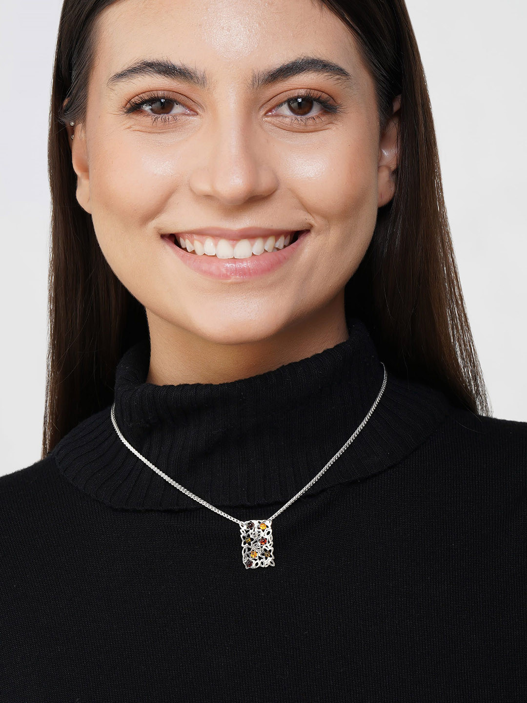 Asteri Shine On Sterling Silver Multicolor European Baltic Amber Power Grid Shaped Pendant