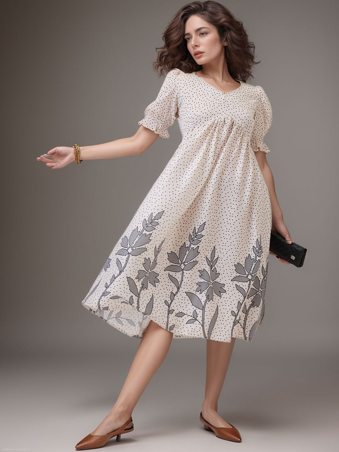 DressBerry Summer Floral Women Floral Printed V-Neck Puff Sleeve Empire Dress