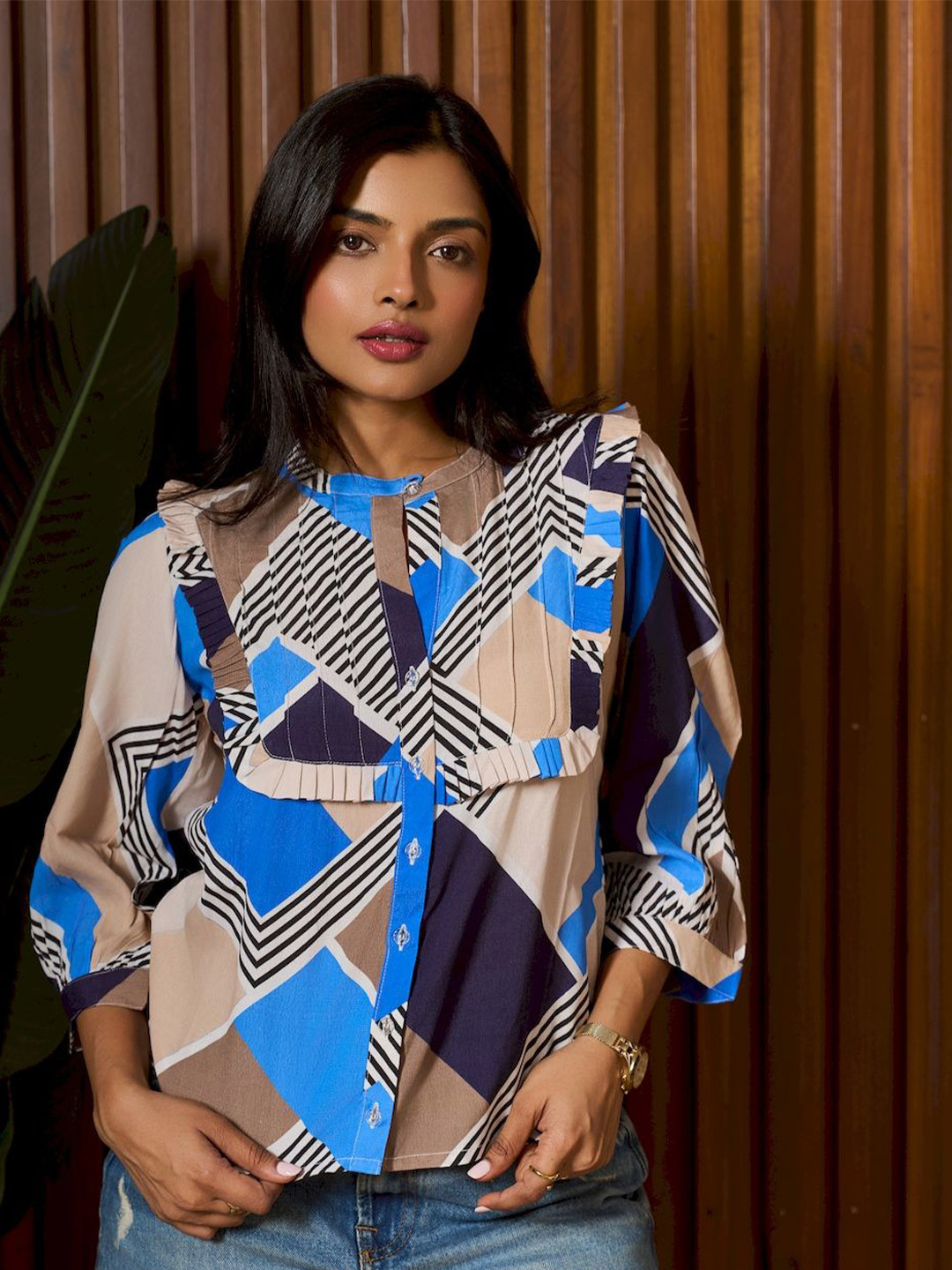 How When Wear Women Geometric Printed Shirt Style Top