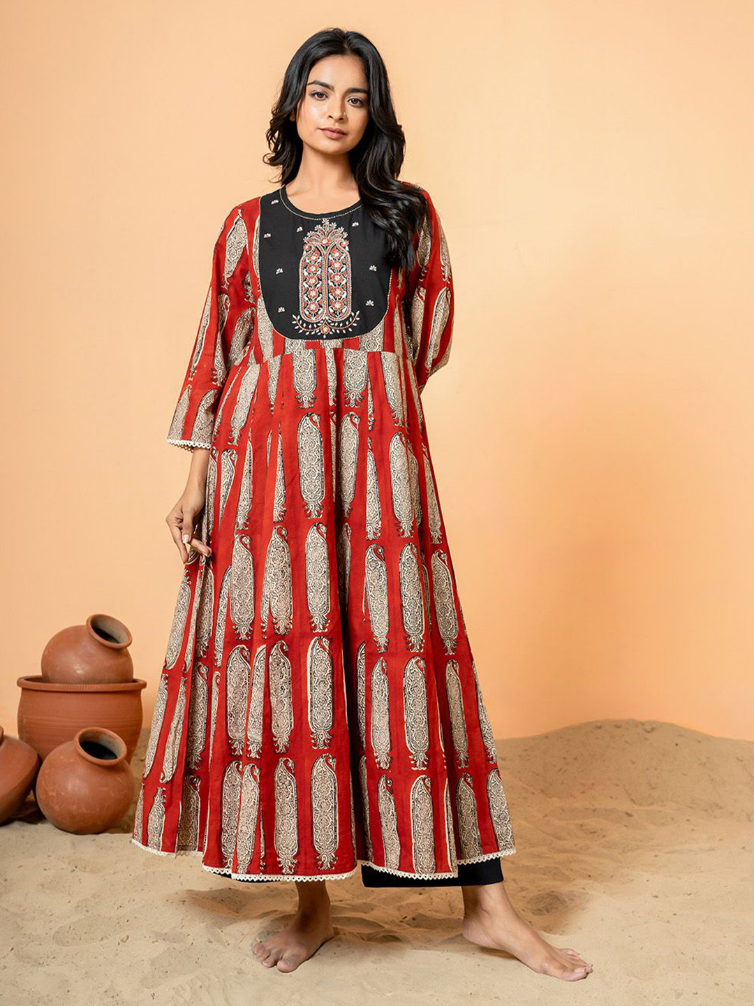 COTTONS DAILY Ethnic Motifs Printed Round Collar Pure Cotton Anarkali Kurta