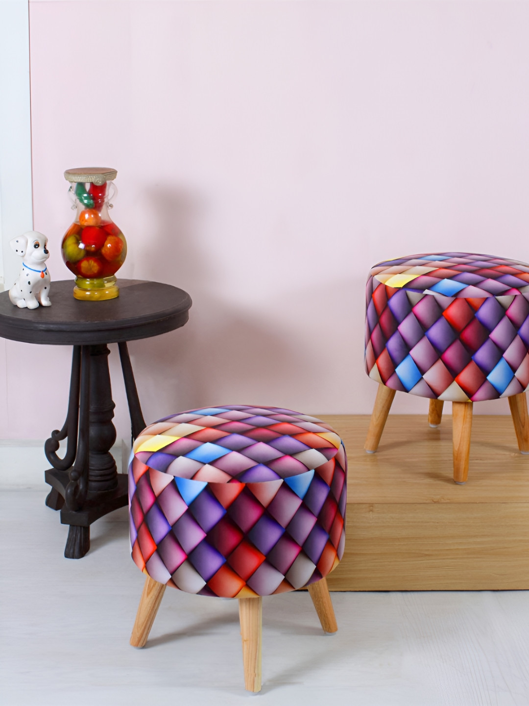 Shadowkart 2 Pieces Red & Purple Diamond Checked Wooden Pouffes Ottomans