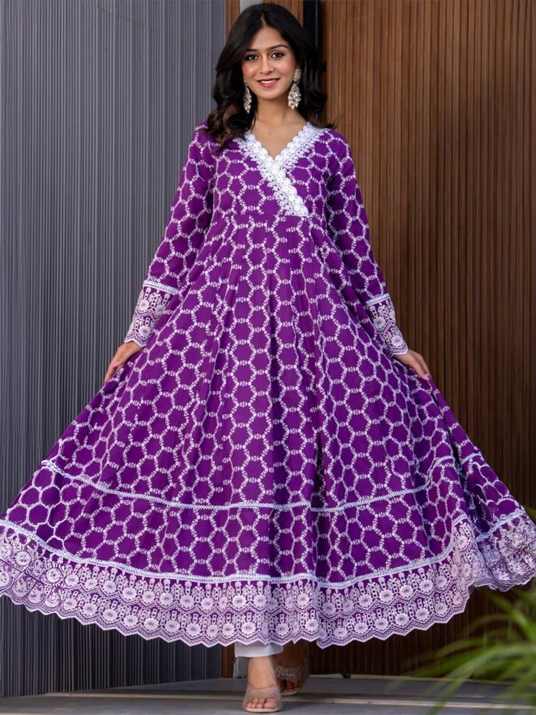 HOUSE OF JAMOTI Floral Print A-Line Purple Plum Angrakha Maxi Dress
