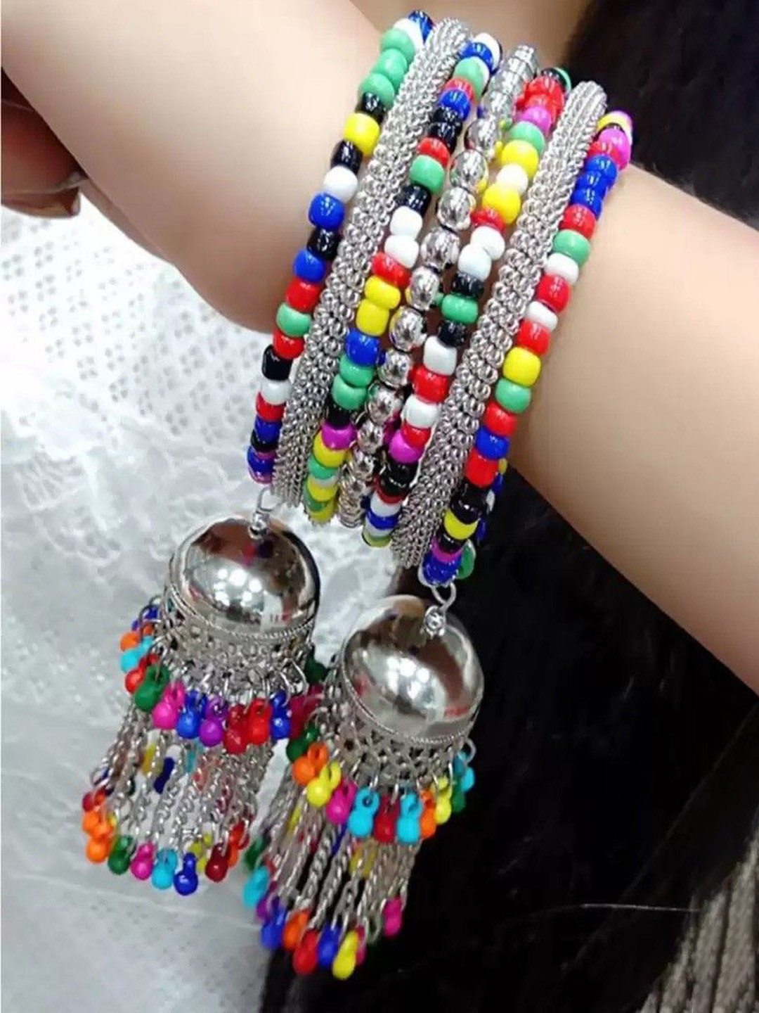 SZN Set Of 2 Ghungroo Beaded Oxidised Jhumka Bangles