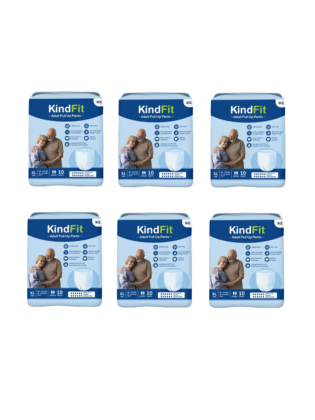 Kindfit Set Of 6 Rash Free Disposable Adult Pull Up Pants Diapers - XL - 10 Pcs Each