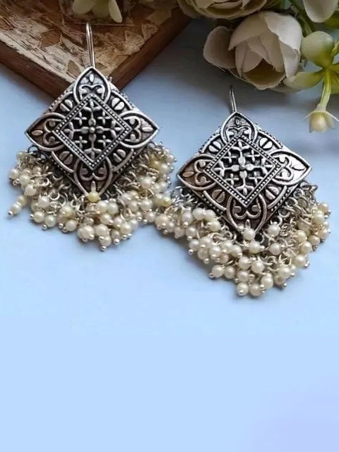 SZN Artificial Beaded Contemporary Shaped Oxidised Drop Earrings