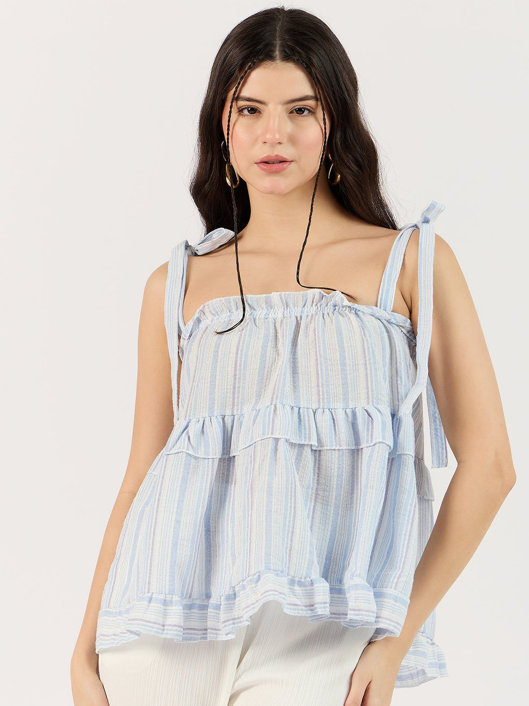 Outzidr Blue Ruffle Top with Bow