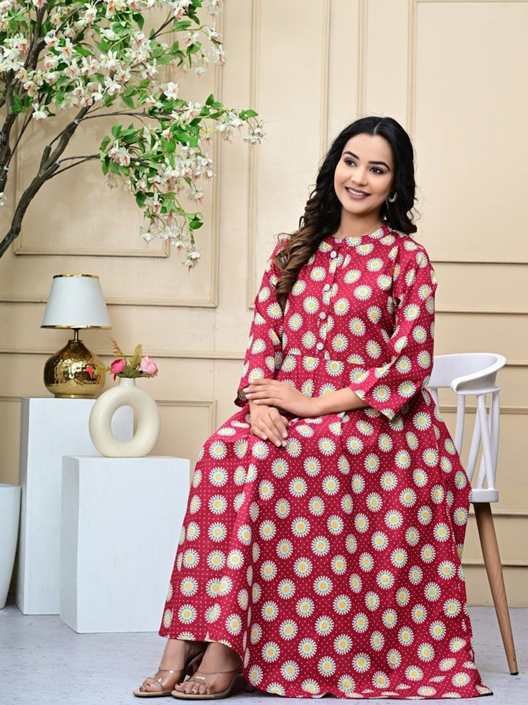 SANGANER MART Floral Printed Mandarin Collar Fit & Flare Cotton Midi Ethnic Dress