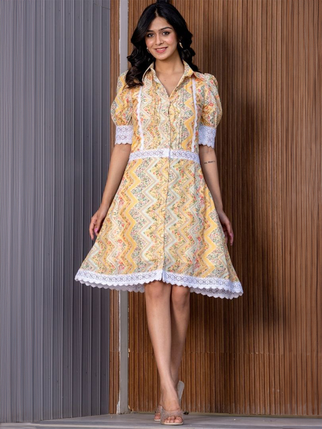 HOUSE OF JAMOTI Women Floral Printed A-Line Daylily Yellow Dress