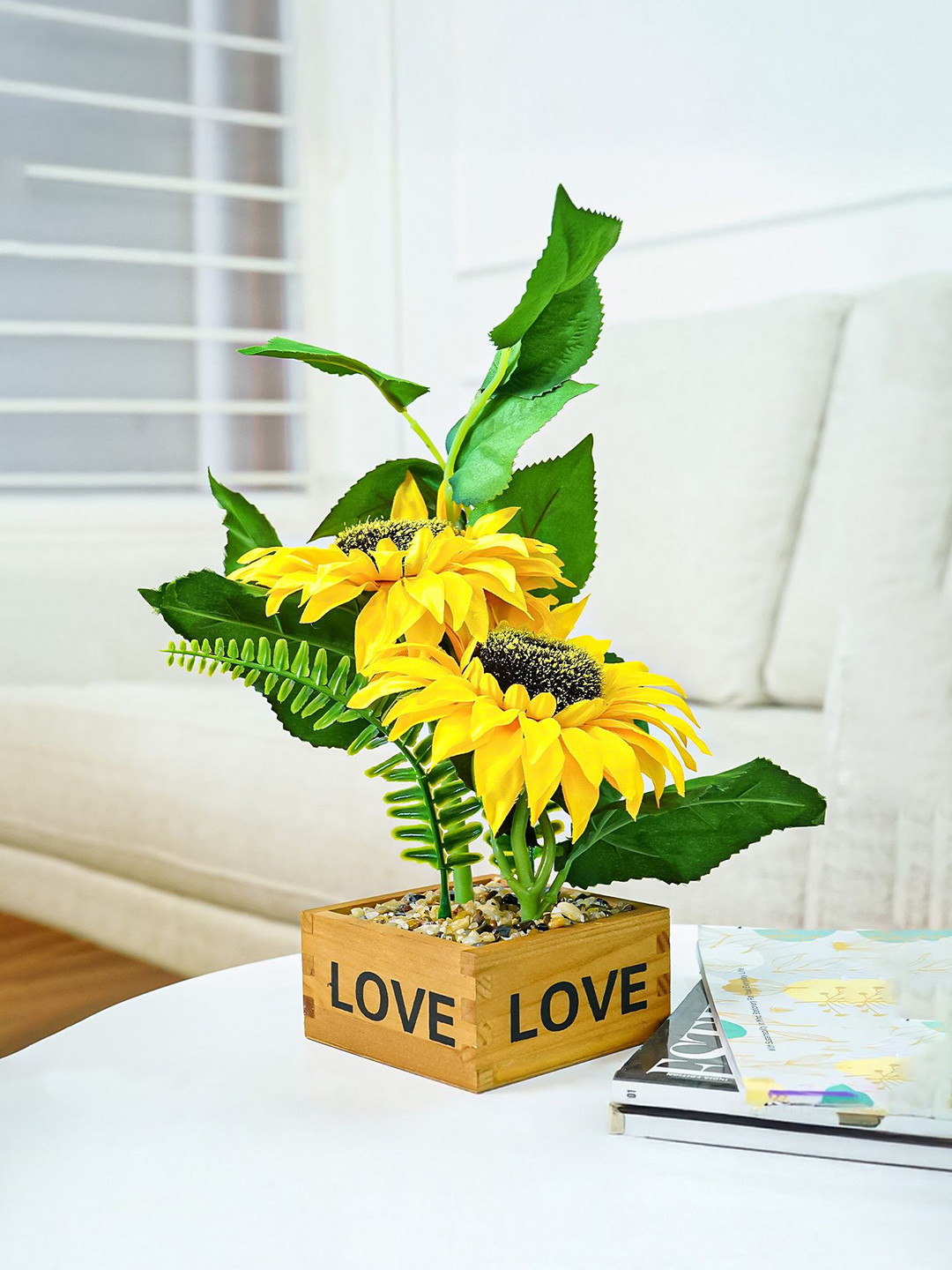 Nostrae by Ekhasa Sunflower Artificial Flowers with MDF Vase Pot for Home Decor
