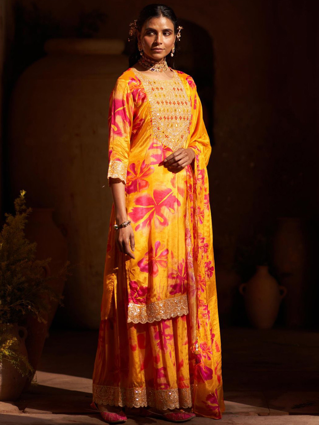 Sindh Fashion Floral Printed Sequinned Straight Kurta With Sharara And Dupatta
