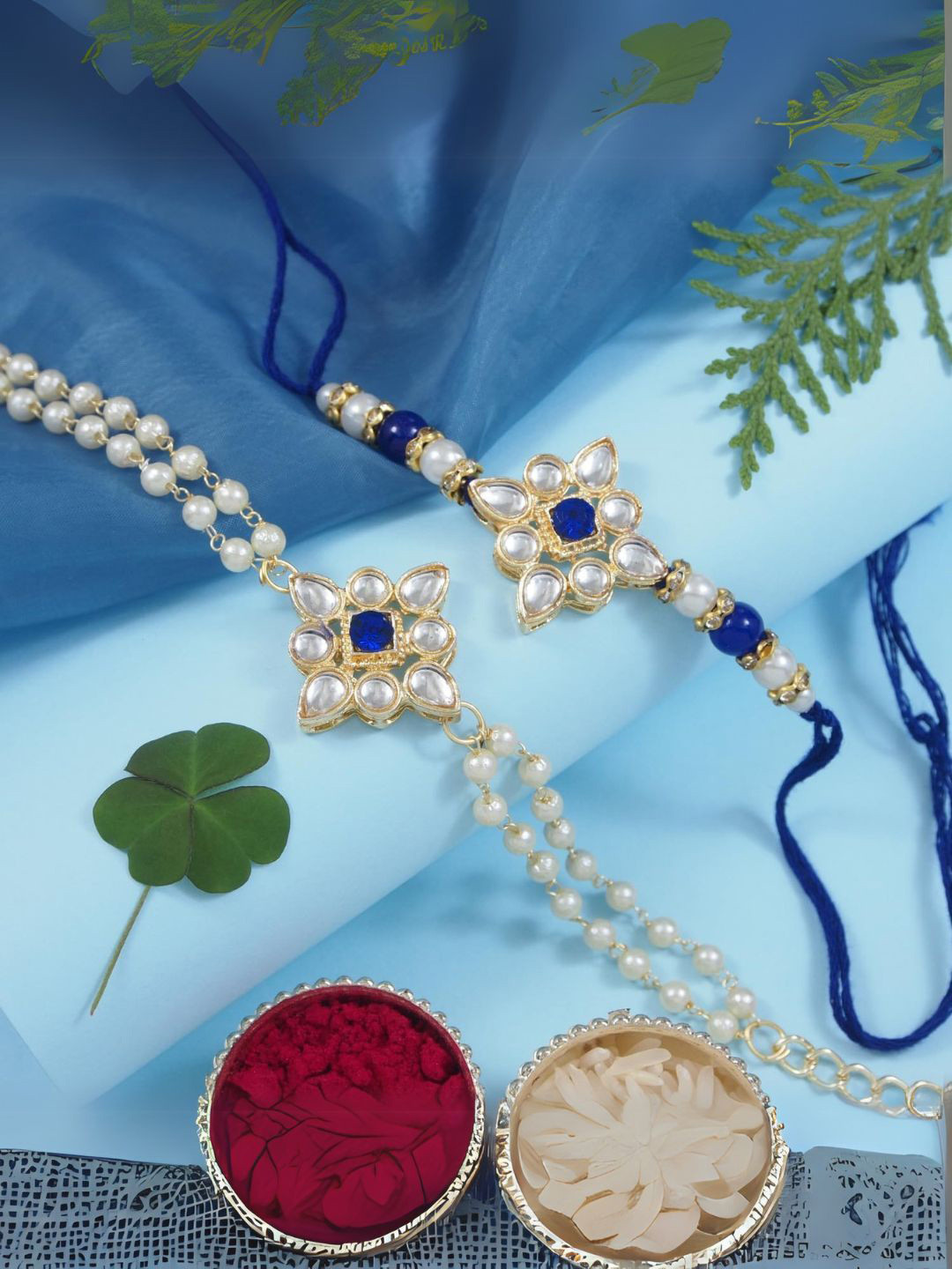 I Jewels 2 Pieces Kundan Pearls Hanging Bhaiya Bhabhi Lumba Rakhi Bracelet Combo Set