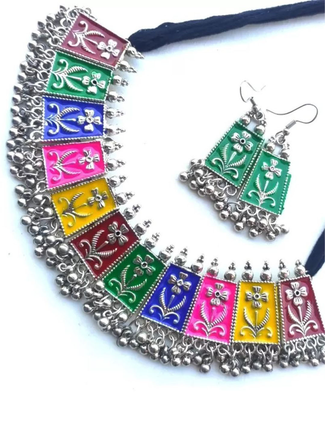 SZN Artificial Stones Studded And Beaded Oxidised Necklace And Earrings
