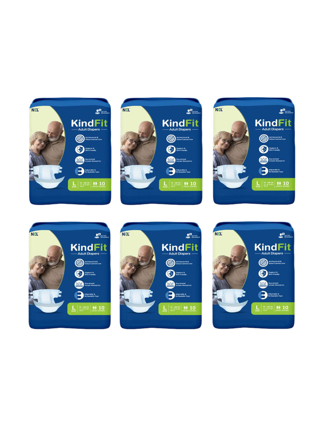 Kindfit Set Of 6 Tape Style Antibacterial Adult Diapers - 10 Pcs Each - L