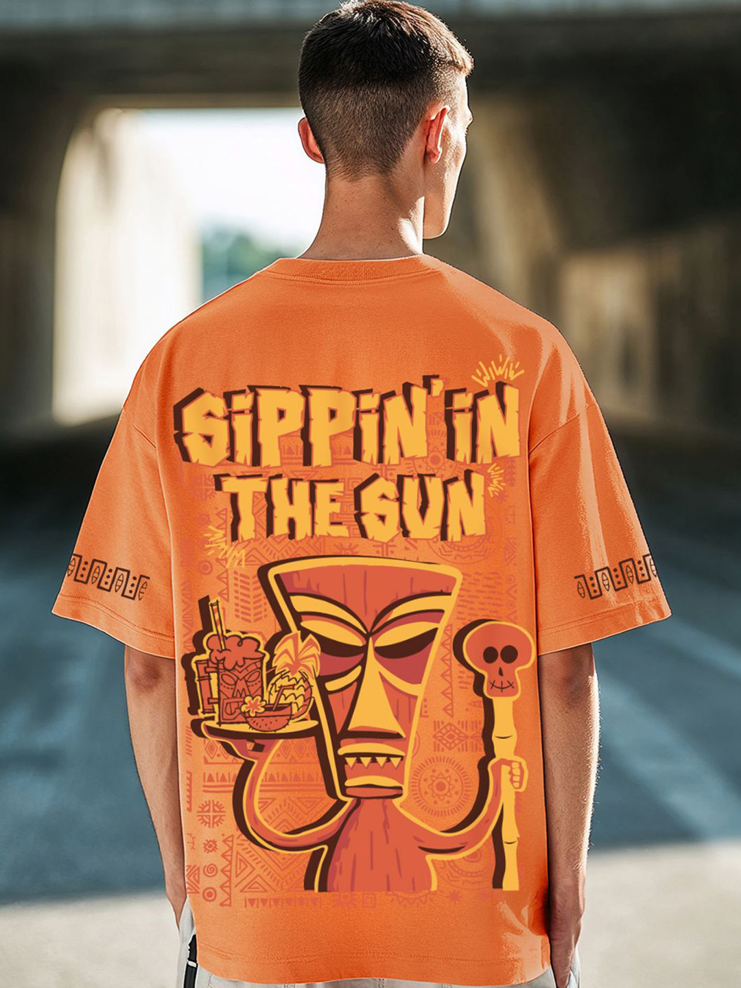 Bewakoof Men's Orange Sippin Sun Graphic Printed Oversized T-shirt