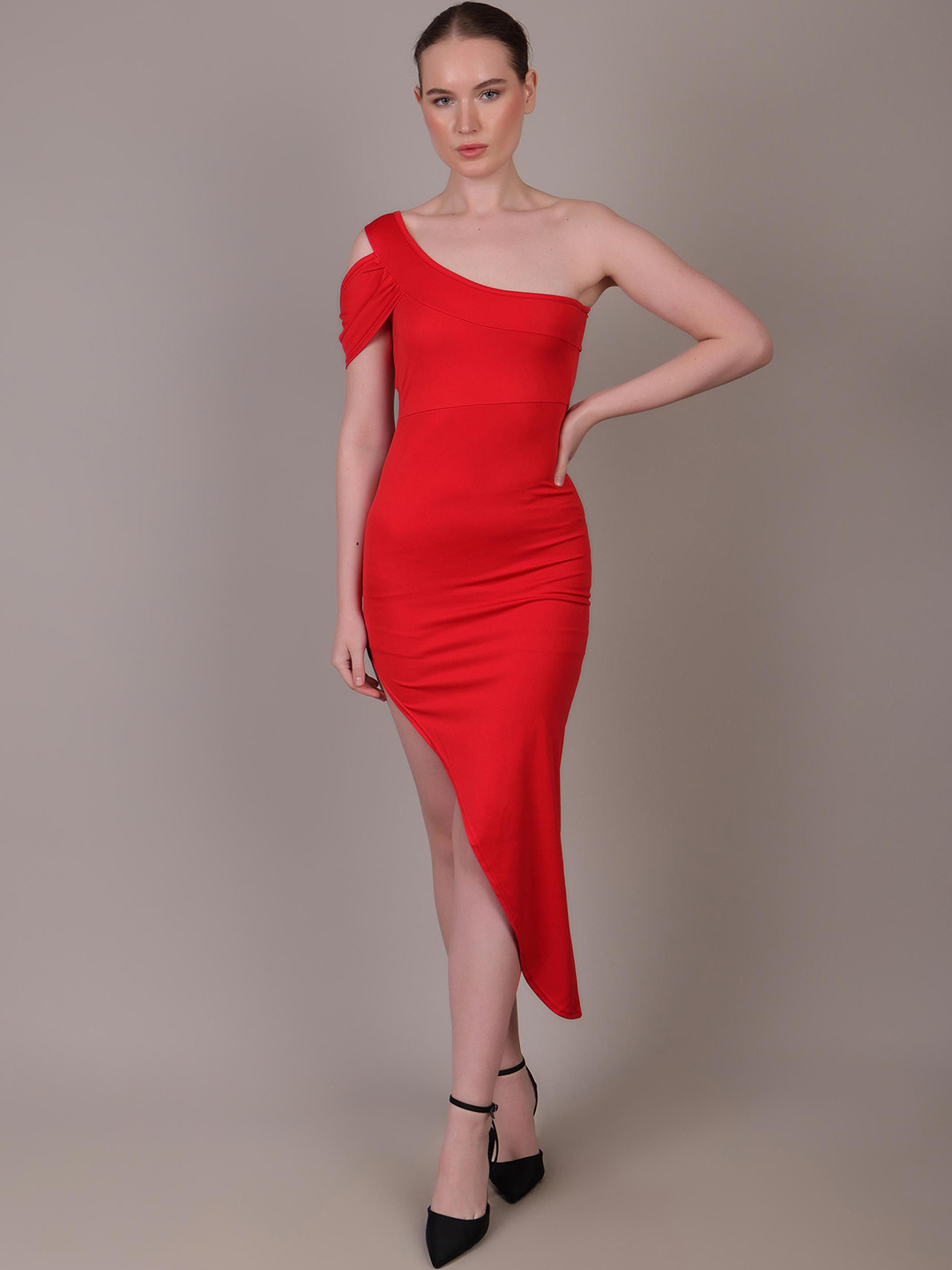 iki chic Women One Shoulder High-Low Bodycon Midi Dress