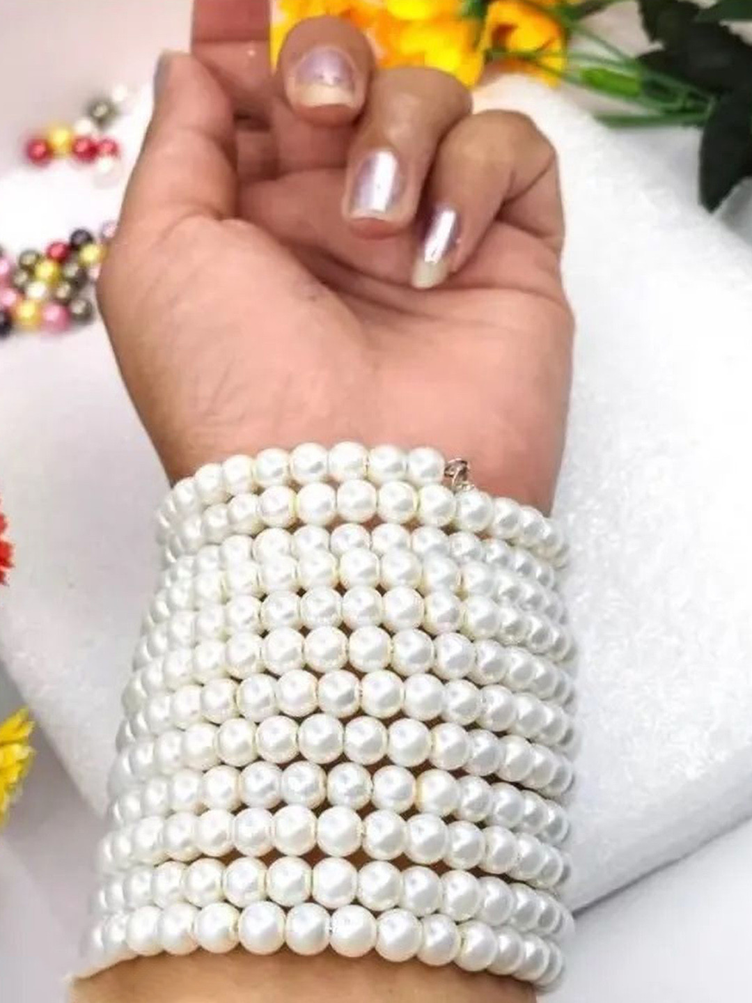 SZN German Silver Pearls Beaded Oxidised Bangle