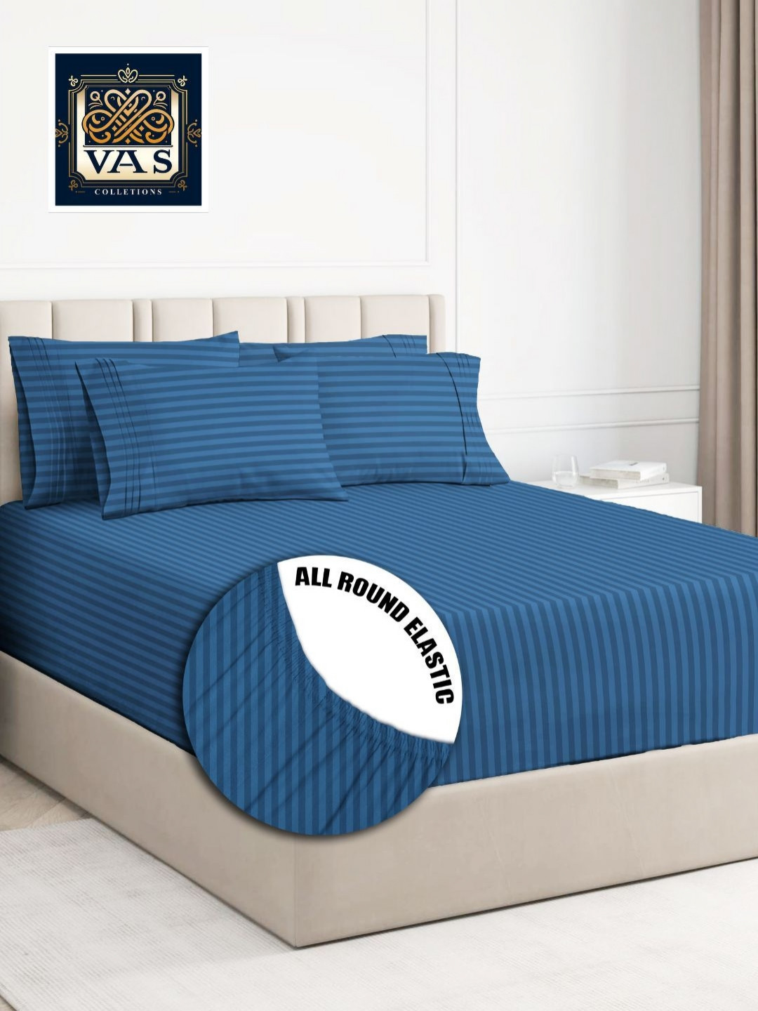 VAS COLLECTIONS Valencia Blue Striped Microfiber 210TC Queen Bedsheet Set 1.82m x 1.98m