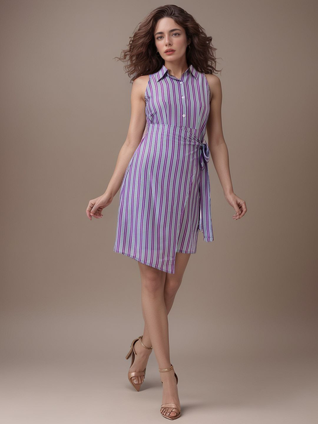 DressBerry Women Striped Print Crepe Asymmetric Knee Length A-Line Dress