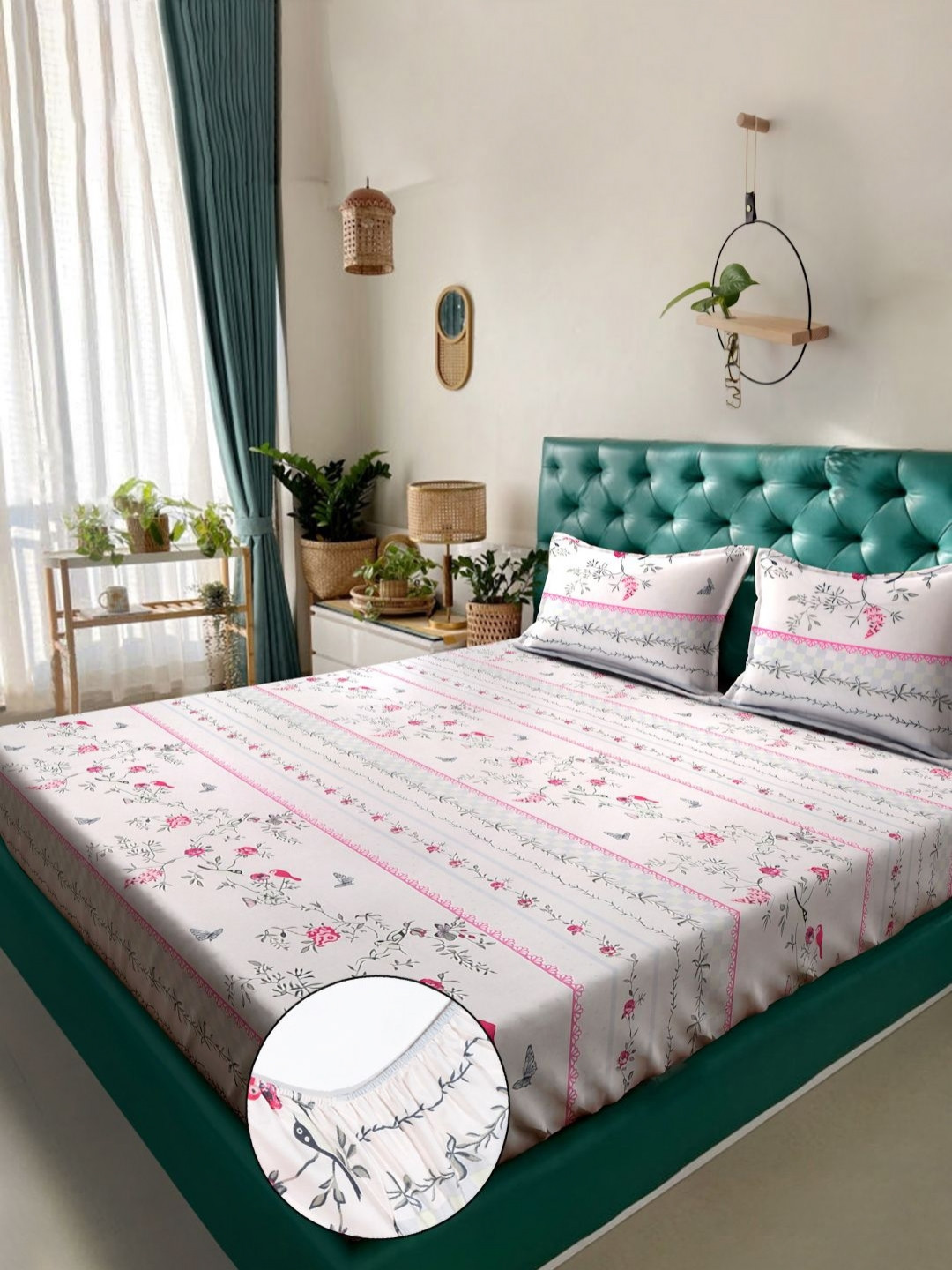KLOTTHE Amazing Collection Cream Floral Cotton 300 TC Fitted King Superfine Bedsheet with 2 Pillow Covers-270 x 270 cm