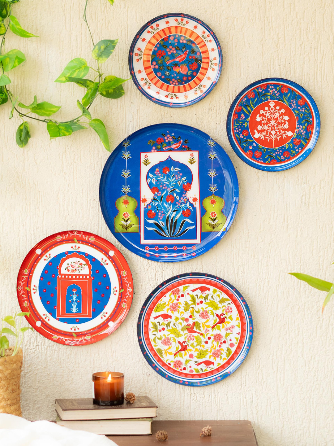 Ritualistic Jaipur Wall Plates Metal Floral Glossy Hanging Hall 5Pcs -11.8In