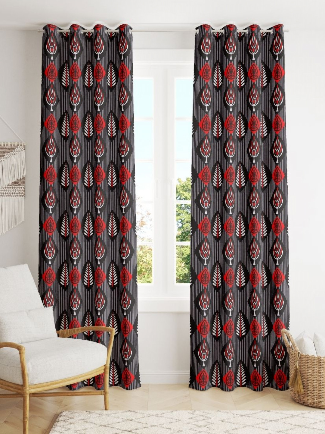 POORAK Red 2 Pieces Floral Sheer Door Curtain