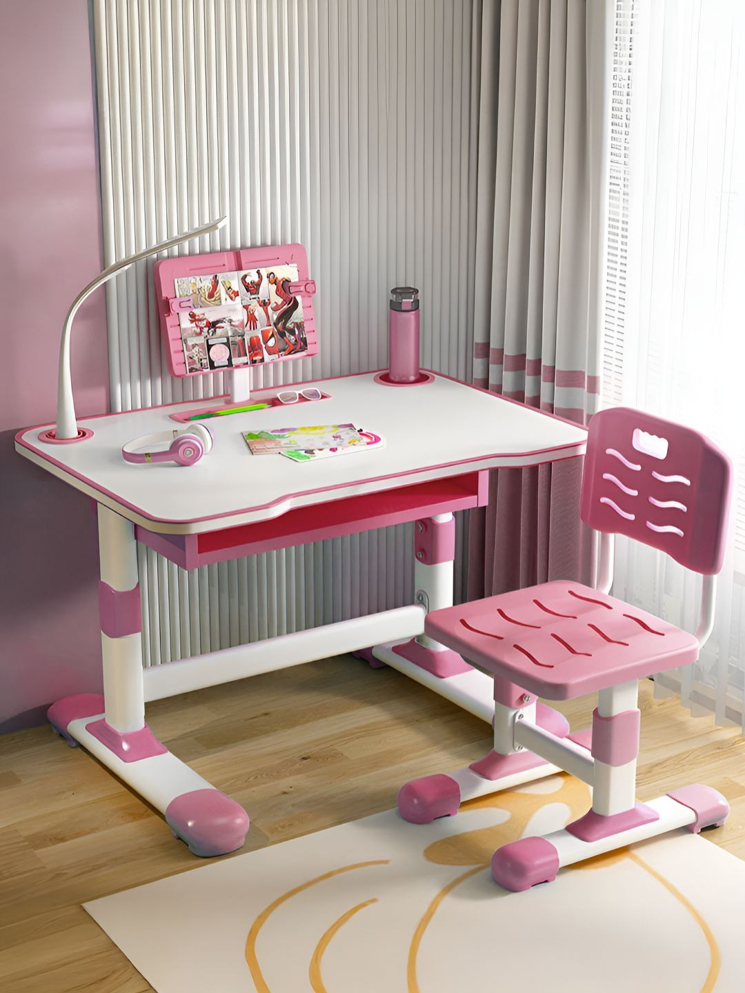 StarAndDaisy Kids Pink & White Wooden Study Table & Chair With LED Lamp