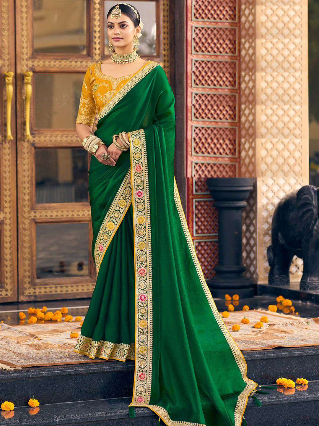 House of Pataudi Embellished Green Satin Silk Saree With Blouse