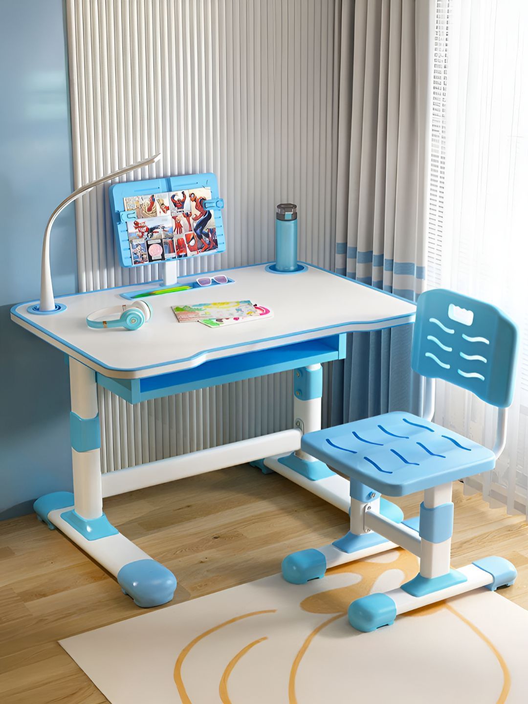 StarAndDaisy Kids Blue & White Wooden Study Table & Chair With LED Lamp