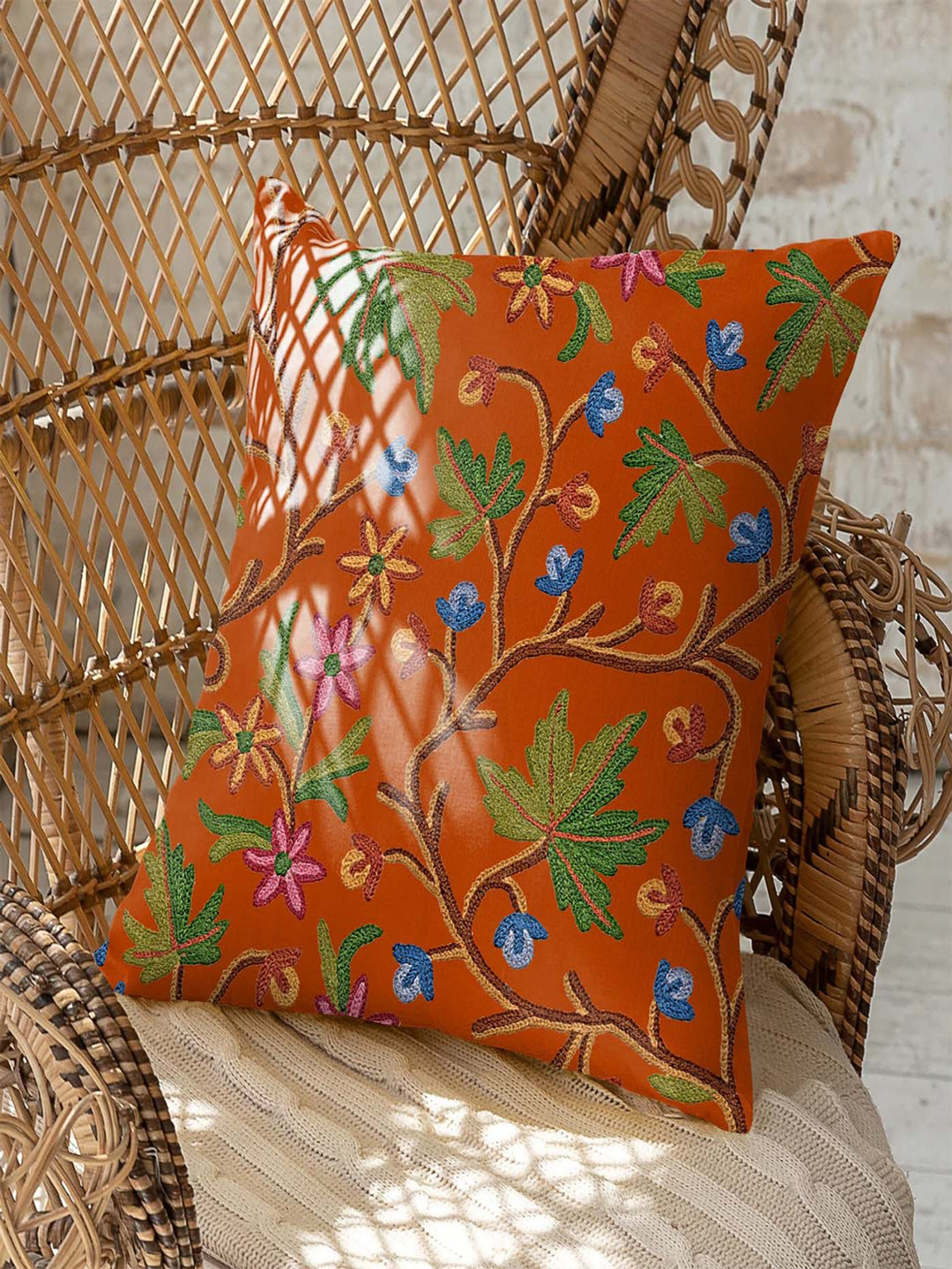 CASABLEU Varoski Kashmiri Floral Polyester 2 Pcs Embroidered Cushion Covers - 18 x 18 In