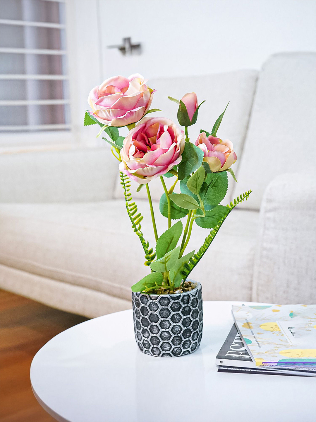 Nostrae by Ekhasa Pink & Green Roses Artificial Flower With Cement Vase Pot