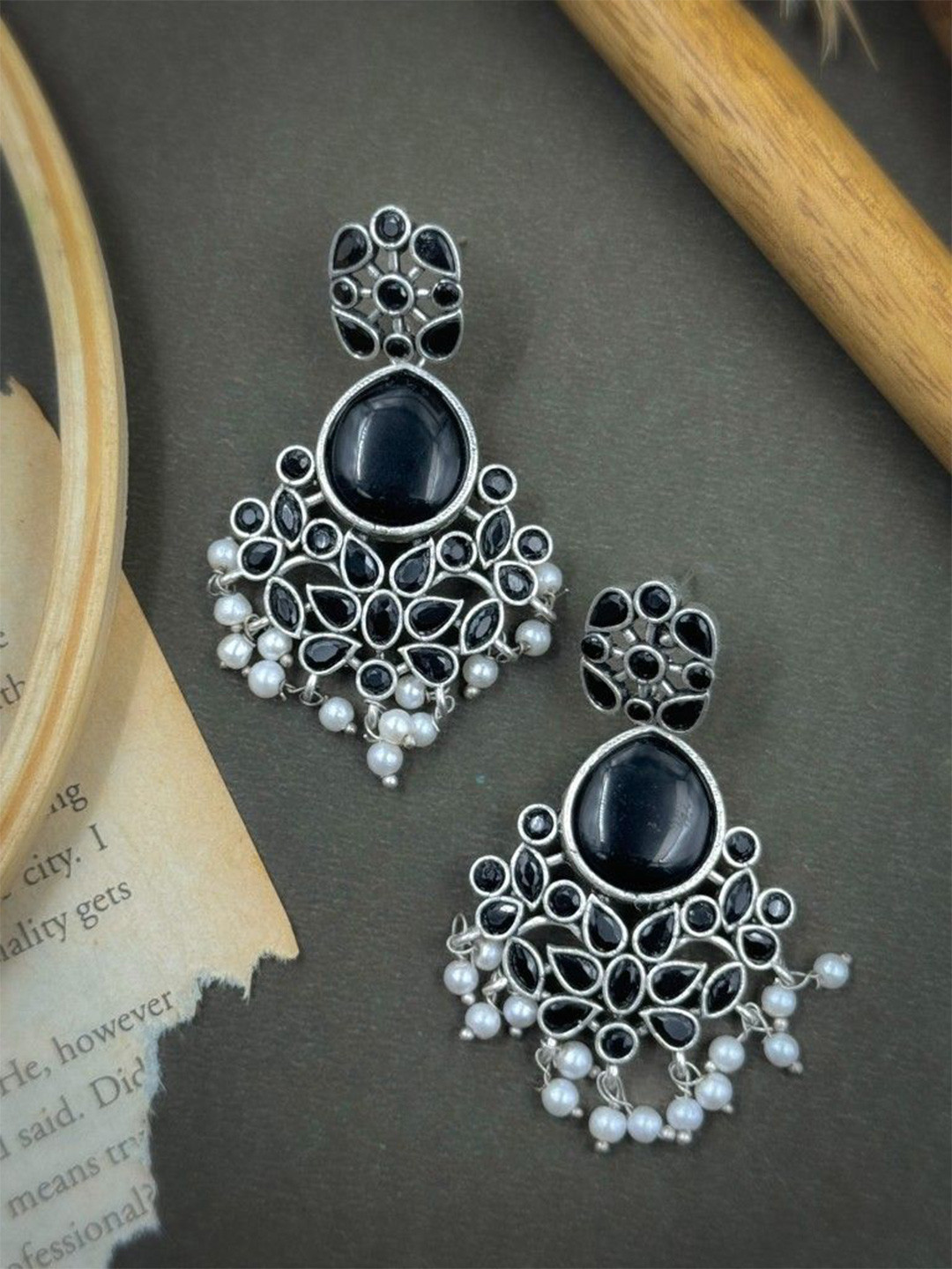 NAMAN ARTS Silver-Plated Stones Studded & Beaded Teardrop Earrings