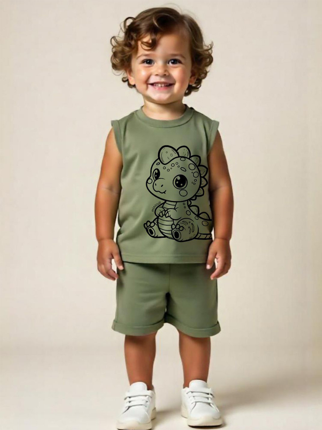 Minicult Unisex Kids Animal Printed Round Neck Sleeveless Pure Cotton T-shirt With Clothing Set