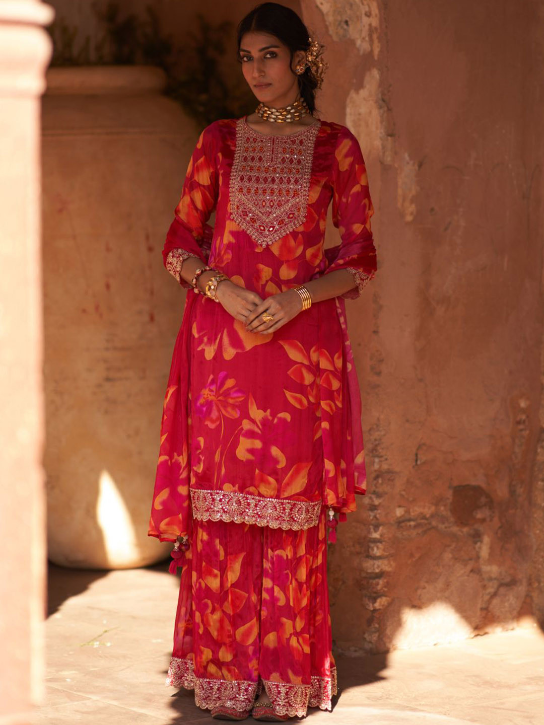 Sindh Fashion Floral Printed Sequined Kurta With Sharara & Dupatta