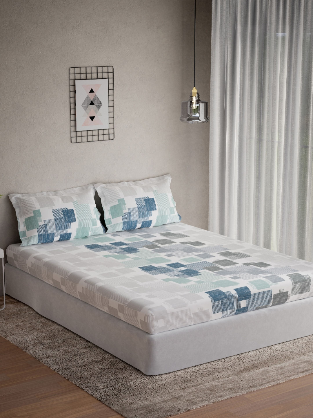 DDecor Omega Collection Turquoise Pure Cotton 145TC King Bedsheet With 2 Pillow Covers