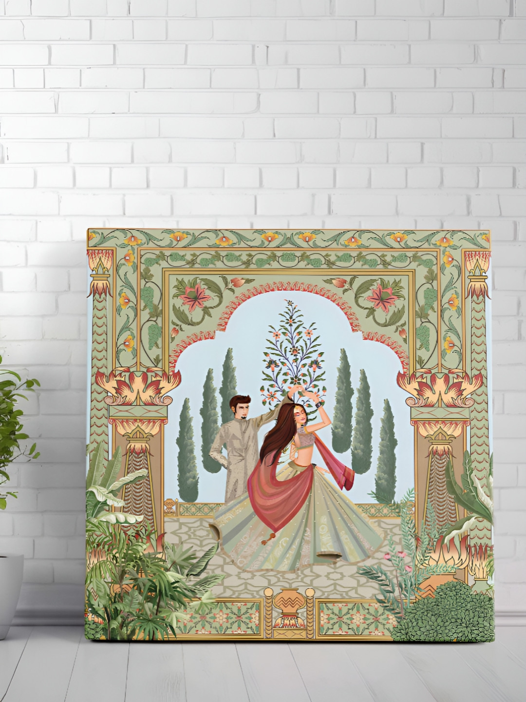 Livin'luxe Beige & Green Couple Printed Canvas Wall Art