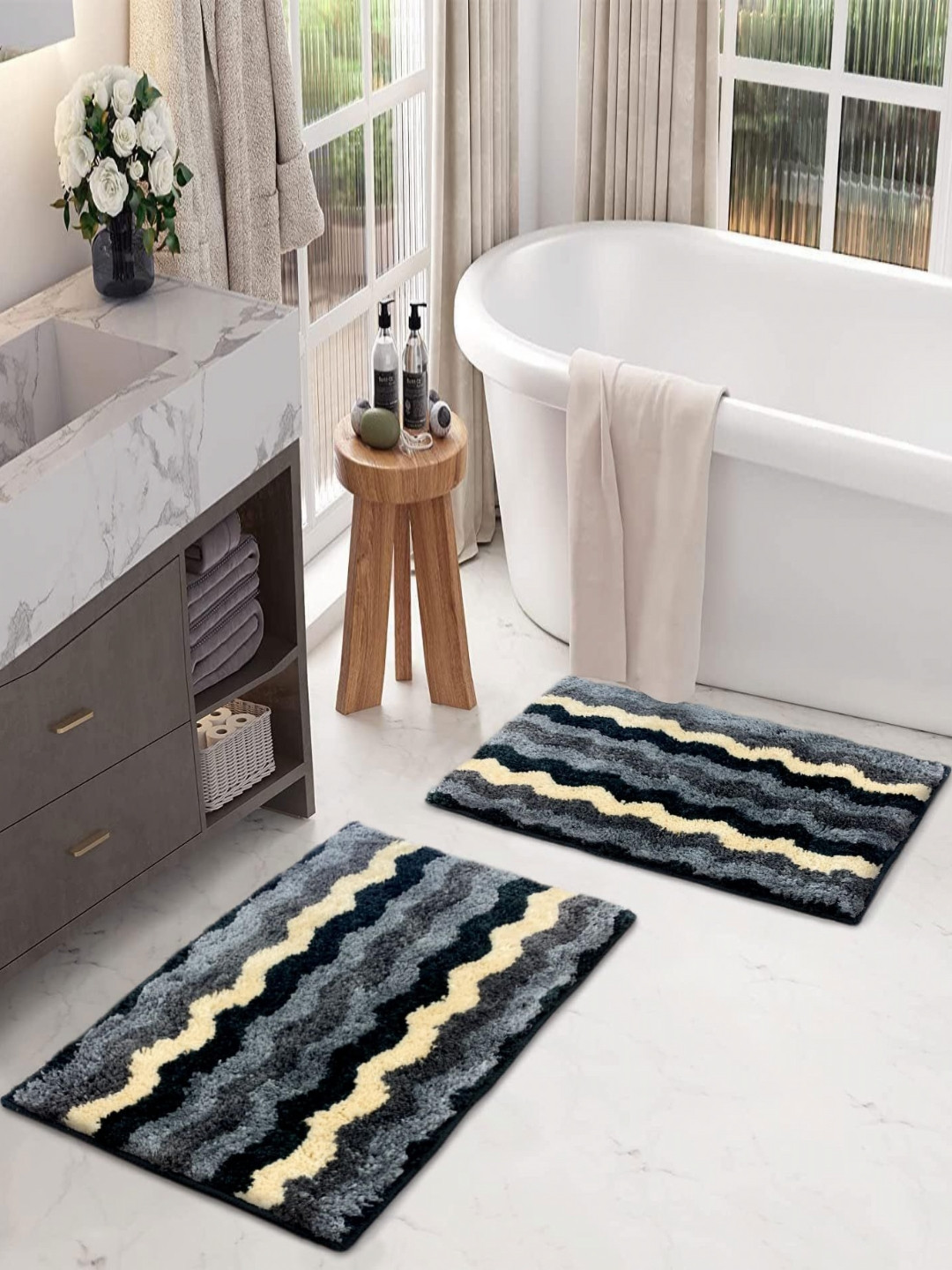 LUXEHOME INTERNATIONAL Birmingham Black 2 Pieces Printed Microfibre Anti Skid Bath Rugs