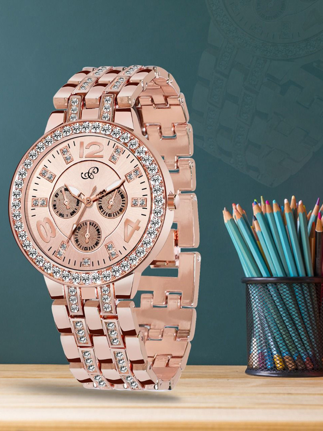 PIRASO Women Embellished Dial & Stainless Steel Straps Analogue Watch NK 2569 ROSEGOLD