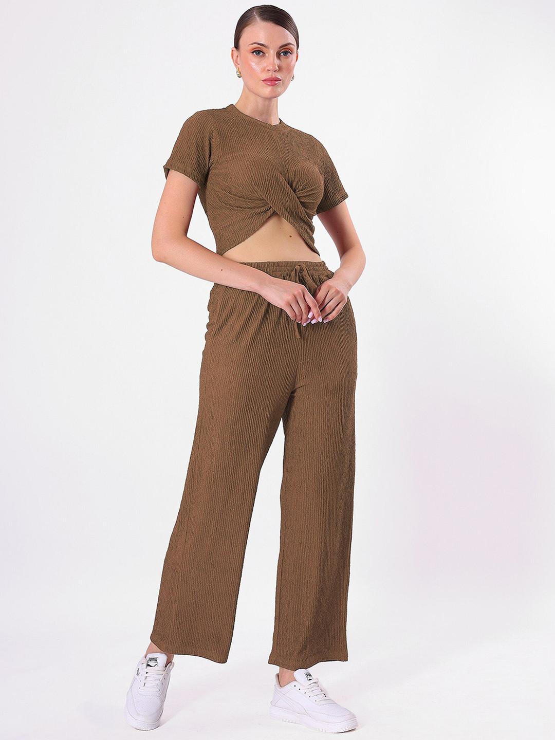 Brown Self Design Round Neck Crop Top with Palazzo